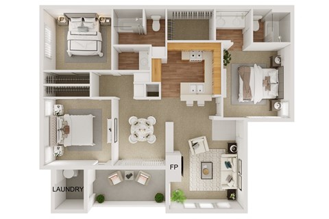 Floor plan for 3 beds, 2 baths, 1315 sqft